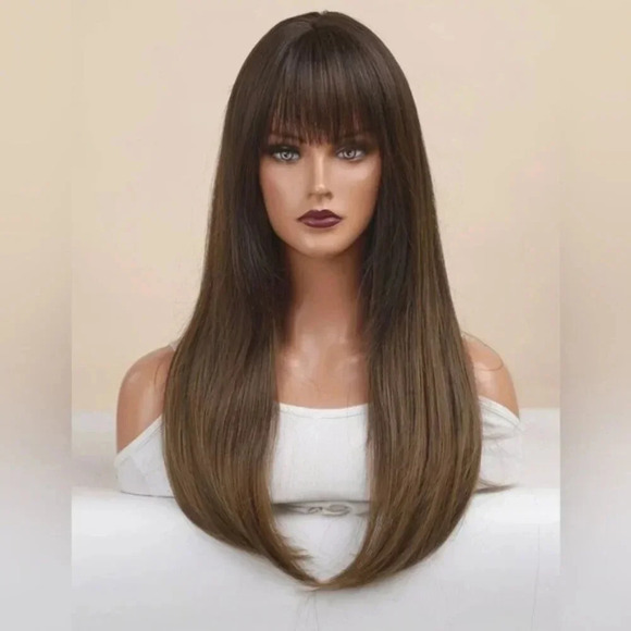 Brown To Dark Blonde hair Wig with Bangs 20” - Picture 9 of 11